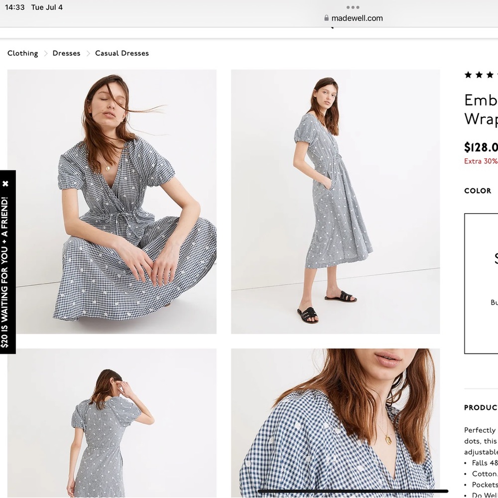 Embroidered gingham dress faux tie waist midi dress